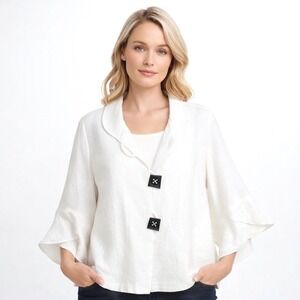 IC by Connie K Top Womens L White Linen Lagenlook Button Front Oversized